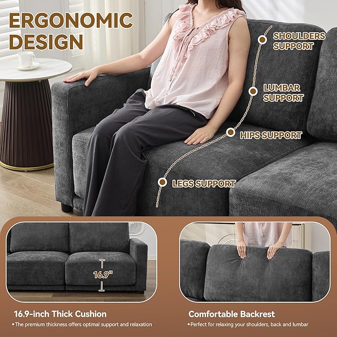 44.2" Chenille Oversized Chair with Movable Ottoman, Modular 1 Seat Couch with Thickened Cushions, Modern Single Sofa Chaise Lounge Reading Chair for Living Room, Small Apartment, Grey