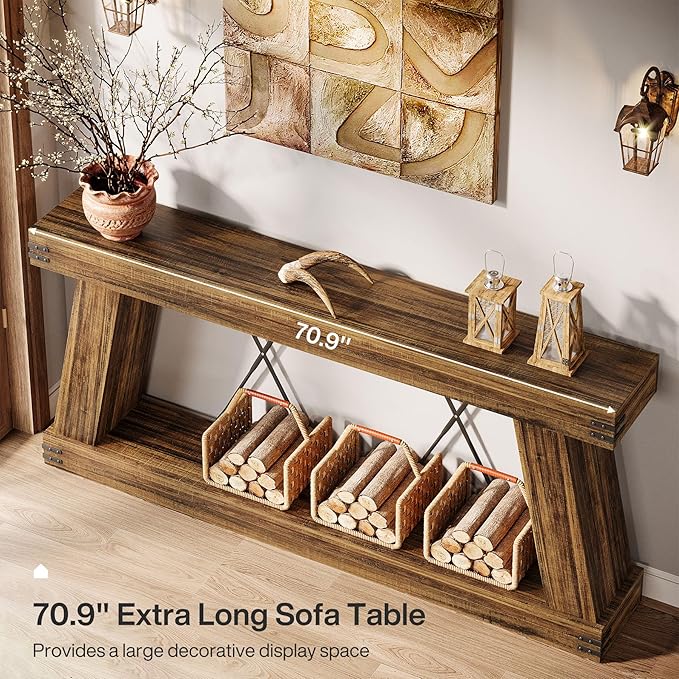 Tribesigns 70.9" Farmhouse Console Table, Long Sofa Table Behind Couch with Storage, Narrow Wooden Console Station, Industrial Rustic Entryway Furniture for Hallway, Entry, Living Room (1, Dark Brown)