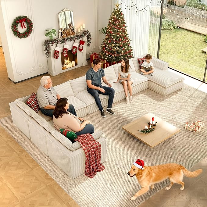 Vesgantti 141.7" Oversized Sectional Boneless Couch, 7 Seater Modular Sofa with Chaise & Ottoman & Armrest, Deep Seat Plush Corduroy Cloud Couches for Living Room, No Assembly Required, Beige