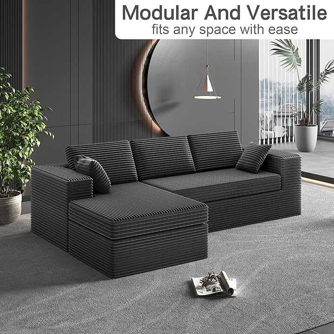 108-inch Boneless Couch for Living Room，Comfy Boneless Sofa with Deep Seats & Chaise Lounge, 3-Seat Modular Sofa Memory Foam Sectional Couches - No Assembly Required(Dark Grey)