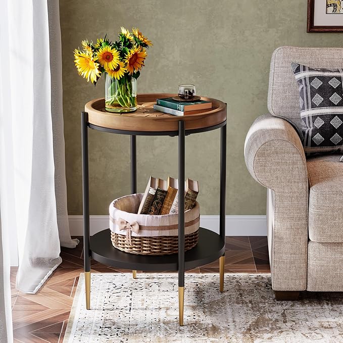 Tribesigns Round Side Table, 2-Tier End Table with Solid Wood and Metal, Industrial Nightstand for Small Spaces, Living Room, Bedroom, Study Room (Rustic Brown)