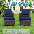 Patio Metal Wicker Chairs with Ottomans Set of 2, Outdoor Conversation Furniture Set - 2 Armchairs | 2 Wicker Ottomans, Removable Cushions, PE Rattan, Front Porch (Navy Blue)