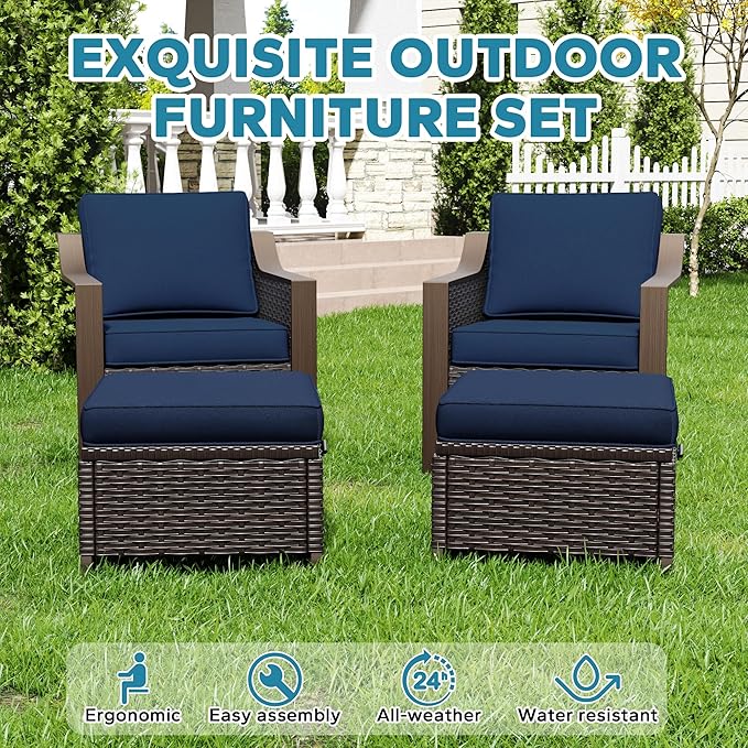 Patio Metal Wicker Chairs with Ottomans Set of 2, Outdoor Conversation Furniture Set - 2 Armchairs | 2 Wicker Ottomans, Removable Cushions, PE Rattan, Front Porch (Navy Blue)