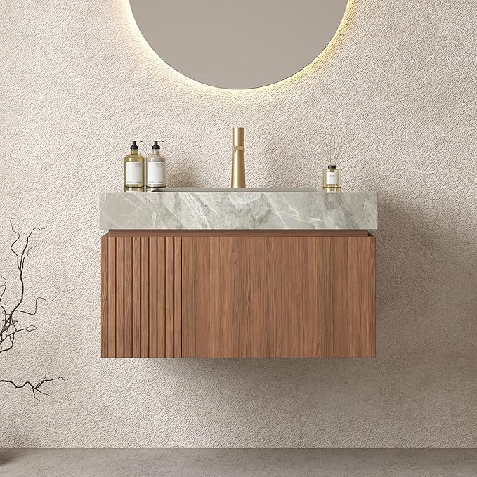 Bathroom Vanity with Sink 30 Inch, Floating Bathroom Vanity Sink Cabinet with Drawer and Door, Undermount Sink & Light Gray Sintered Stone Top, Pre-Assembled, Espresso