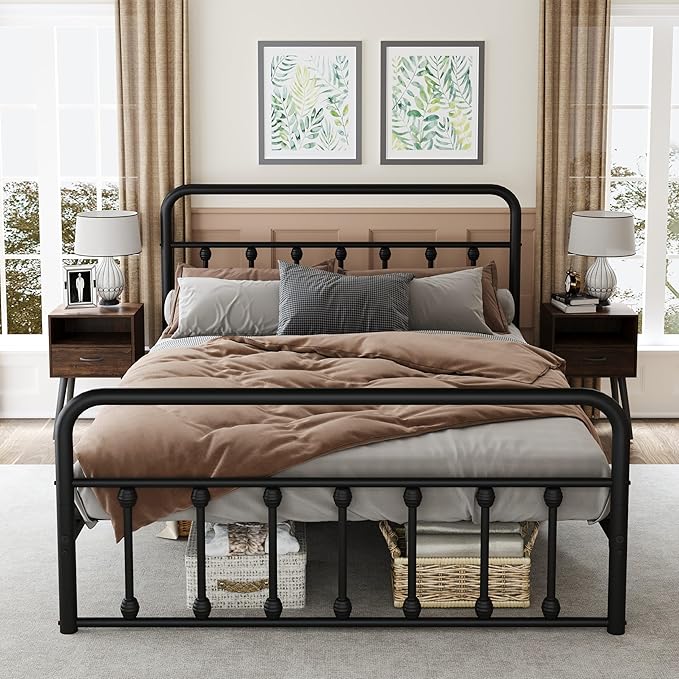 Metal Queen Single Bed Frame with Storage Space, 82.7" in Steel Bed Frame with Protective Foot Pads, Strong Bearing Capacity Queen Size Bed, Easy Assembly, Underbed Storage Space（43.3 inch）