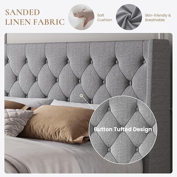 SHA CERLIN Full Size Upholstered Platform Bed Frame with Wingback Headboard, Tufted Linen Fabric, Wooden Slats Support, Easy Assembly, No Box Spring Needed, Light Grey