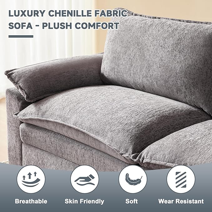 114 Inch Cloud Couch Sectionals with Ottoman, Big Comfy Modular Couches, Cloud Sofas, L Shaped 5 Seat Modular Sectional Sofa, Modern Sectional Couches for Living Room, Deep Seat Sofa, Grey
