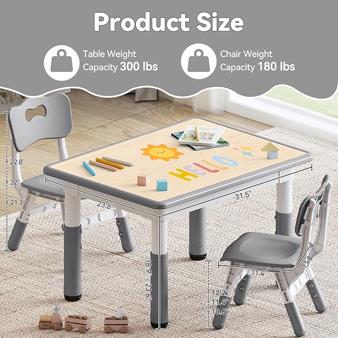 Kids Study Table and Chairs Set, Height Adjustable Toddler Table and Chair Set for Kids Ages 3-8, 31.5" L x 23.6" W Graffiti Desktop Plastic Children Art Table with 2 Seats, Grey