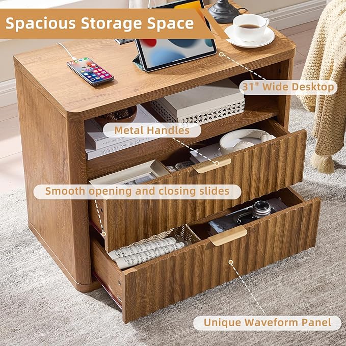 LEYAOYAO 31" Wide Fluted Nightstand Set of 2 with Charging Station, Oversized Extra Large 2 Drawers Night Stand,Brown Wood Bedside Table,Tall End Tables,Modern Chest of Drawers Dressers for Bedroom