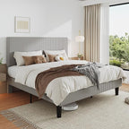 Allewie King Size Upholstered Bed Frame with Vertical Channel Tufted Headboard, Soft Corduroy Fabric Platform Bed, Strong Wooden Slats Support, Easy Assembly, No Box Spring Needed, Light Grey