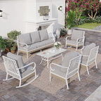 6 PCS Metal Outdoor Patio Furniture Set, Patio Conversation Set 1 3-Seater Couch, 2 Fixed Sofa, 2 Rocking Sofa with 5.75" Thick Cushion and Coffee Table White Backyard Furniture, Gray