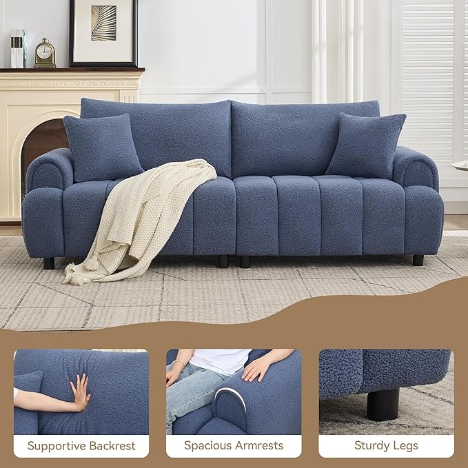 88 "Modern Boucle Sofa Couch, Oversized Comfy 3 Seater Sherpa Curved Sofas Deep Seat, Upholstered Loveseat Teddy Round Arm Couches for Living Room, Bedroom, Blue