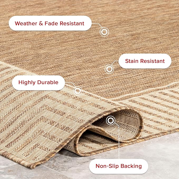 nuLOOM 3'6" x 5' Outdoor Area Rug, Casual Design With Striped Border, Stain Resistant, Highly Durable, For Patio, Balcony, Bedroom, Living Room, Dining Room, Bathroom, Light Brown