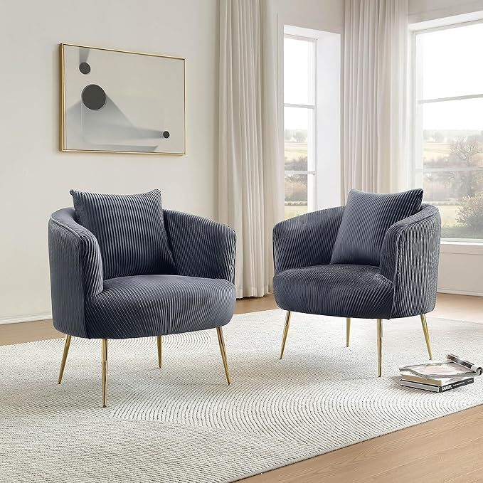 Art Leon Accent Chair Set of 2, Modern Velvet Upholstered Armchairs, Living Room Side Chairs Barrel Chairs with Golden Metal Legs, Gray