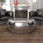 Deco 79 Aluminum Metal Living Room Coffee Table Drum Shaped Table with Hammered Design, Center Table 42" x 42" x 14", Silver
