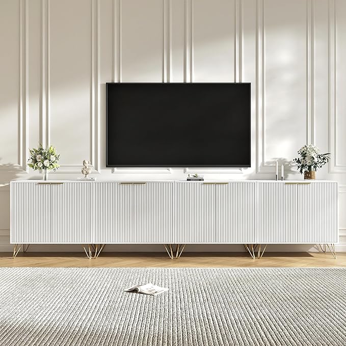 Storage Cabinet Set of 4, White Fluted Cabinet with Adjustable Shelves, Modern Coffee Bar for Kitchen, Living Room and Office