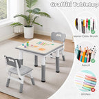 Adjustable Kids Table Chairs Set – Graffiti Desktop, Multi-Activity Height-Adjustable Toddler Study Desk for Ages 3-8 – Ideal for Home, Classroom, Daycare (W-Gray, 2 Chairs-23.6" L x 23.6" W)