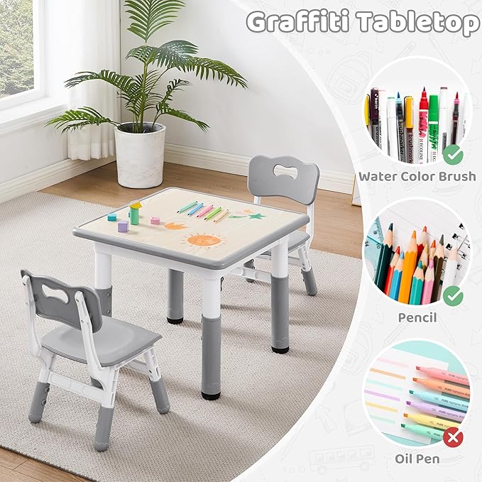Adjustable Kids Table Chairs Set – Graffiti Desktop, Multi-Activity Height-Adjustable Toddler Study Desk for Ages 3-8 – Ideal for Home, Classroom, Daycare (W-Gray, 2 Chairs-23.6" L x 23.6" W)