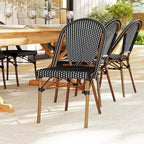 Martha Stewart Lily Pond Indoor-Outdoor Stackable Aluminum Bistro Chair with Natural Woodgrain Frame Finish and Black/White Woven Rattan Backrest and Seat