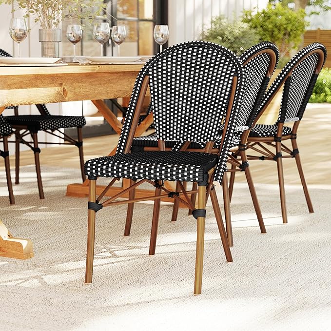 Martha Stewart Lily Pond Indoor-Outdoor Stackable Aluminum Bistro Chair with Natural Woodgrain Frame Finish and Black/White Woven Rattan Backrest and Seat