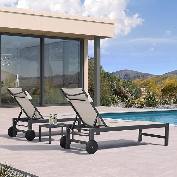 PURPLE LEAF Patio Lounge Chair Set of 3 Outdoor Chaise Lounger Aluminum Frame with Side Table and Wheels for Pool Outside Sunbathing Tanning Recliner Including Pillows Beige