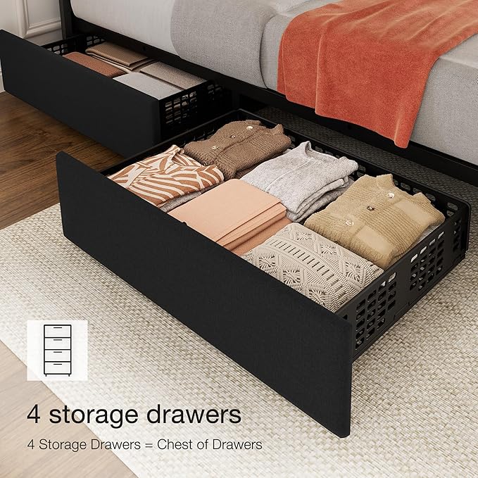 Garvee King Size Bed Frame with 4 Storage Drawers, Adjustable Height Headboard, Linen Upholstered Platform Bed Frame, No Box Spring Needed, Easy Assembly, Black