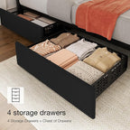Garvee King Size Bed Frame with 4 Storage Drawers, Adjustable Height Headboard, Linen Upholstered Platform Bed Frame, No Box Spring Needed, Easy Assembly, Black