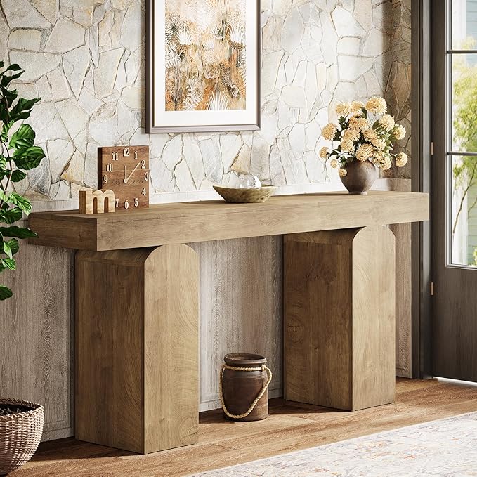 Tribesigns 63" Long Entryway Table, Farmhouse Console Table with 2 Arched Pedestal Legs, Wooden Sofa Console Behind The Couch for Entrance, Hallway, Living Room (Natural)