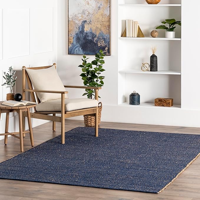 nuLOOM 4x6 Elfriede Jute & Cotton Hand Woven Area Rug, Blue, Solid Rustic Farmhouse Style, Weaved Design, Natural Fiber, For Bedroom, Living Room, Dining Room, Hallway, Office, Entryway