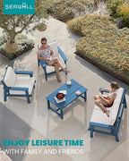 SERWALL 4 Piece HDPE Outdoor Furniture Set, All Weather Wood-Like Outdoor Sofa Sectional Couch, Bllue Patio Furniture Set with Khaki Cushions