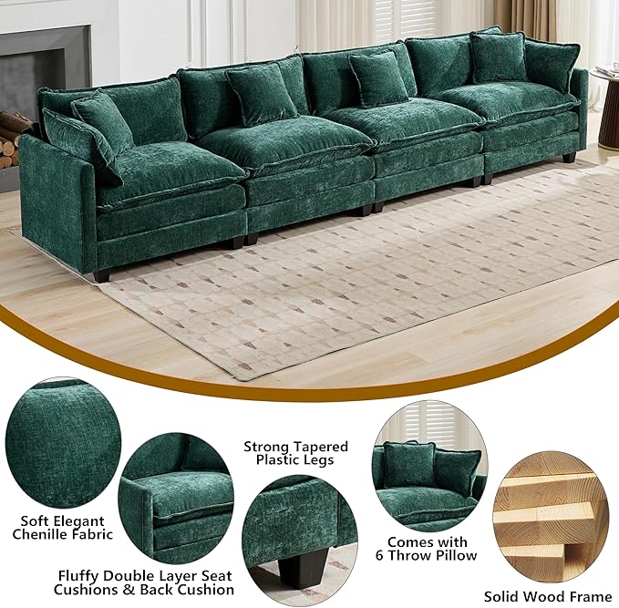 Aoowow Modular Sectional 4 Seater Cloud Sofa Couch for Living Room,149.6" Cloud Sofas with Deep Seat,Modern Chenille 4 Seat Sofas,Fluffy Cloud Couches for Bedroom,Office,Hotel (Green, 4 Seater)