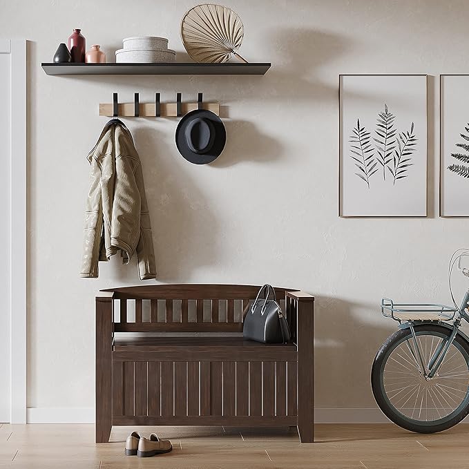 SIMPLIHOME Acadian Entryway Storage Bench - 36 inch Wide Solid Wood Small Hallway Seat in Brunette Brown, Transitional Bench for Mudroom with Lift-Up Lid, 2 Compartments and Slatted Backrest