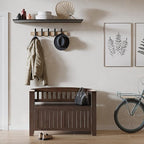 SIMPLIHOME Acadian Entryway Storage Bench - 36 inch Wide Solid Wood Small Hallway Seat in Brunette Brown, Transitional Bench for Mudroom with Lift-Up Lid, 2 Compartments and Slatted Backrest