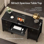 59" Executive Desk with File Drawers Cabinet, Modern Computer Desk with Charging Station, Keyboard Tray, Large Home Office Desk, Farmhouse Wood Desk for Study, Writing, Black
