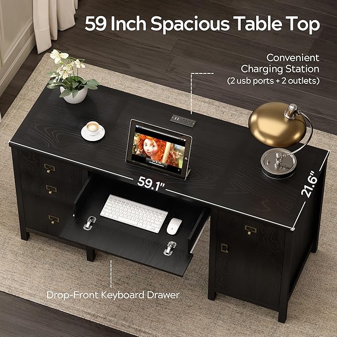 59" Executive Desk with File Drawers Cabinet, Modern Computer Desk with Charging Station, Keyboard Tray, Large Home Office Desk, Farmhouse Wood Desk for Study, Writing, Black