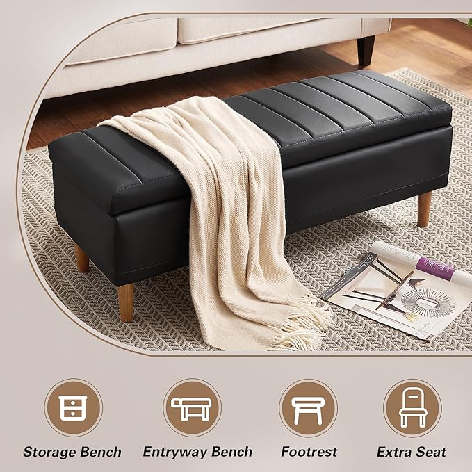 VECELO Storage Ottoman, Storage Bench with 2 Machined Gas Spring Lid Supports, PU Leather Upholstery & Solid Wood Legs, Black Ottoman Bench for Bedroom, Living Room, Entryway, 44.5"