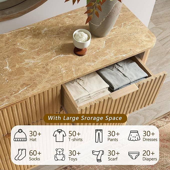 win2win 6 Drawer Dresser, Mid Century Modern Dresser with Storage, 47" Wide Fluted Chest of Drawers with Faux Marble Top, Dressers TV Stand, Drawers Organizer for Bedroom, Living Room, Hallway, Oak