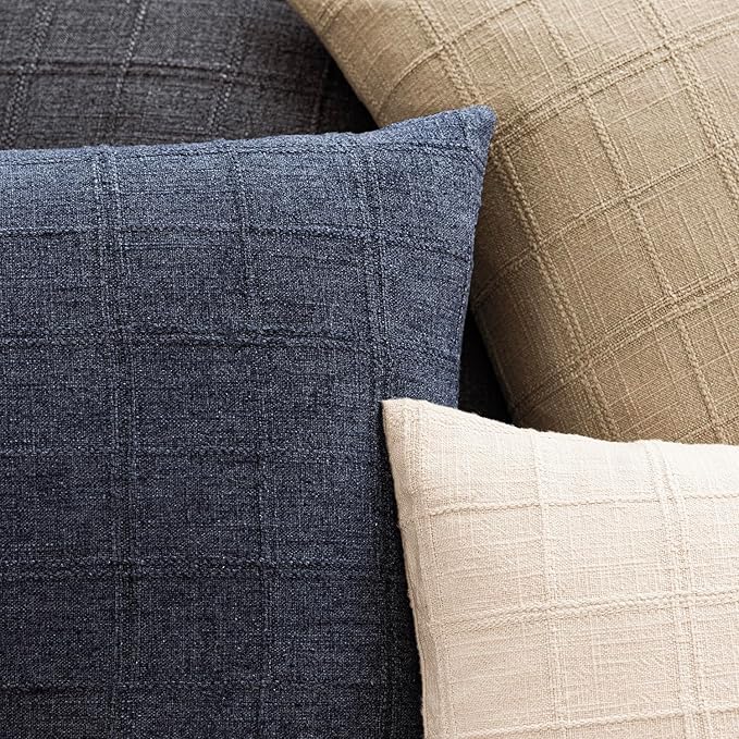 Foindtower Set of 2 Decorative Linen Check Throw Pillow Covers Neutral Farmhouse Vintage Cushion Covers Modern Boho Home Decor for Sofa Chair Couch Bedroom Living Room,16×16 Inch,Navy Blue