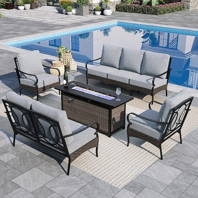 Sophia & William Patio Furniture Set with Fire Pit Table, 5 PCS Metal Outdoor Conversation Set with Fire Pit Table, 2 Sofa Chairs,1 Loveseat, 3-Seater Couch for Outdoor Seating, Backyard, Porch(Grey)