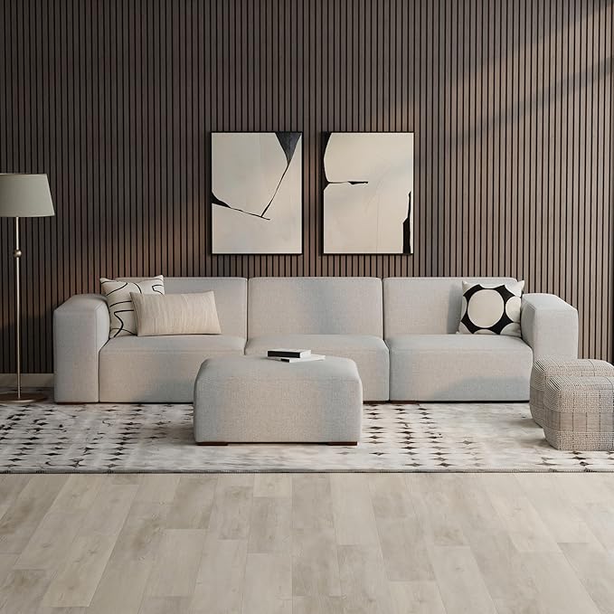 SIMPLIHOME Rex Modular Sofa and Ottoman Set in 100% Recycled Polyester Tightly Woven Performance Fabric, Pale Grey, 122-inch-wide 3-Seater Couch and Matching 34-inch-wide Ottoman for Living Room