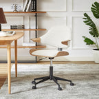 Art Leon Swivel Desk Chair, Mid Century Modern Office Chair with Wheels, Boucle Fabric Upholstered Arm Chair, Adjustable Height Task Chair with Metal Base, Washed Oak Bentwood, White
