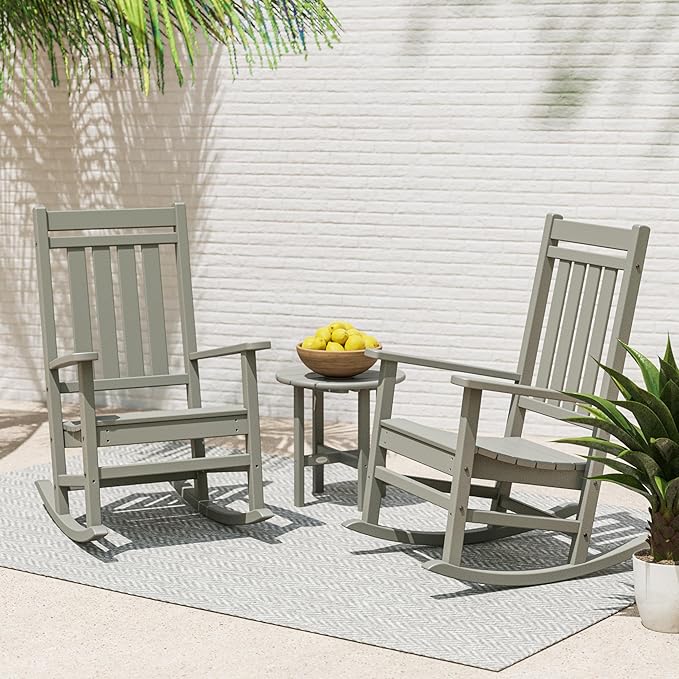 POLYWOOD Estate 3-Piece Rocking Chair Set, Outdoor Porch Rockers with Side Table, All-Weather HDPE Patio Furniture for Deck, Garden, Backyard, White