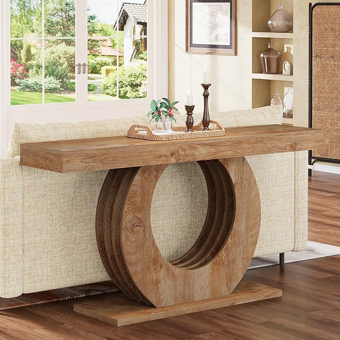 Tribesigns 63-Inch Console Sofa Table, Rustic Industrial Farmhouse Entryway Table, Narrow Long Couch Console Behind Sofa with Black Circle Base for Living Room Hallway, Light Brown