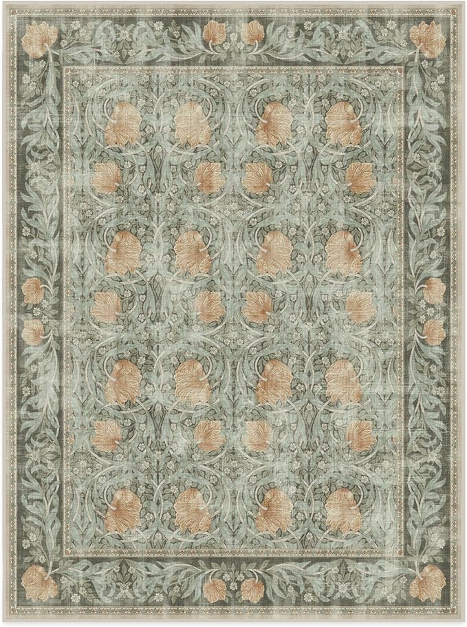 RUGGABLE x Morris & Co Washable Area Rug– Pimpernel Vintage Green 9x12, Stain-Resistant, Non-Slip – Large Machine Washable Rugs for Living Room, Bedroom, Hallway, Entryway & Office–with Cushioned Pad