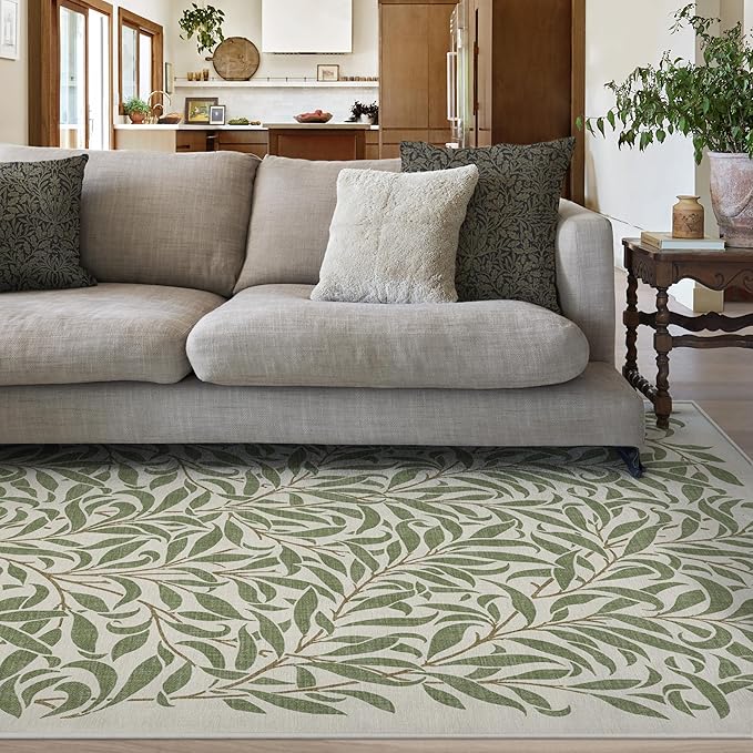 RUGGABLE x Morris & Co Machine Washable Area Rug – Pure Willow Boughs Green 5x7, Stain-Resistant, Non-Slip – Medium Rugs for Living Room, Bedroom, Hallway, Entryway & Office–with Cushioned Pad