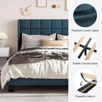 Allewie Queen Size Platform Bed Frame with Wingback, Fabric Upholstered Square Stitched Headboard and Wooden Slats, Mattress Foundation, Box Spring Optional, Easy Assembly, Dark Blue