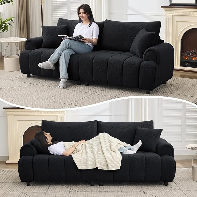 88 "Modern Boucle Sofa Couch, Oversized Comfy 3 Seater Sherpa Curved Sofas Deep Seat, Upholstered Loveseat Teddy Round Arm Couches for Living Room, Bedroom, Black
