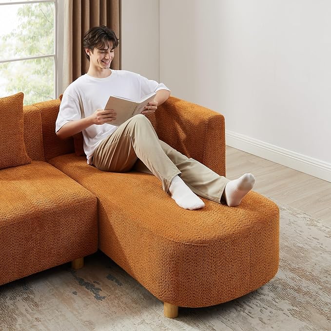 VANOMi 113" Sectional Sofa with 4 Pillows, U-Shaped 4-Seater Comfy Boucle Cloud Couch, Modern Double Chaises Lounge Sofas for Living Room, Office, Apartment (Curry-U)