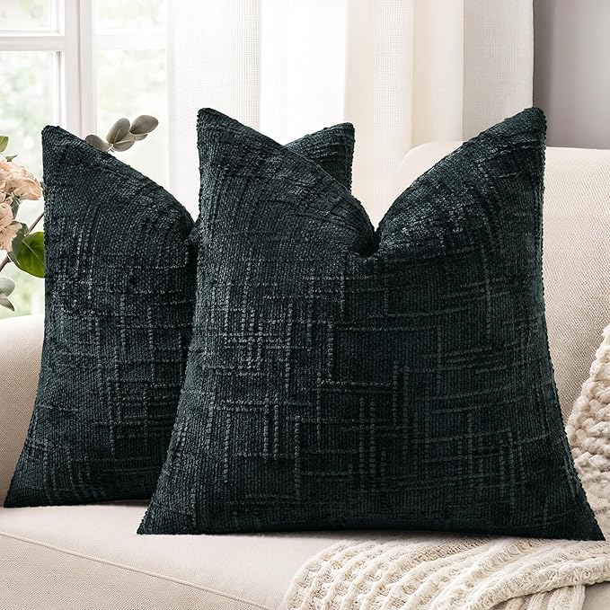 decorUhome Black Chenille Throw Pillow Covers 20x20 Set of 2 Thick Textured Slubby Couch Pillow Covers Farmhouse Accent Modern Neutral Decorative Pillow Cases for Bed Sofa Living Room