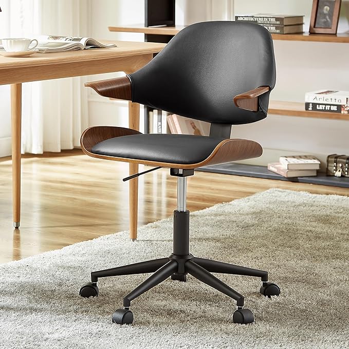 Art Leon Swivel Desk Chair, Mid Century Modern Office Chair with Wheels, Faux Leather Upholstered Arm Chair, Adjustable Height Task Chair with Metal Base, Black